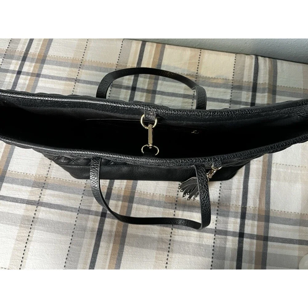 BCBG Women's Black Quilted Faux Leather Tote Bag with Tassel Accent